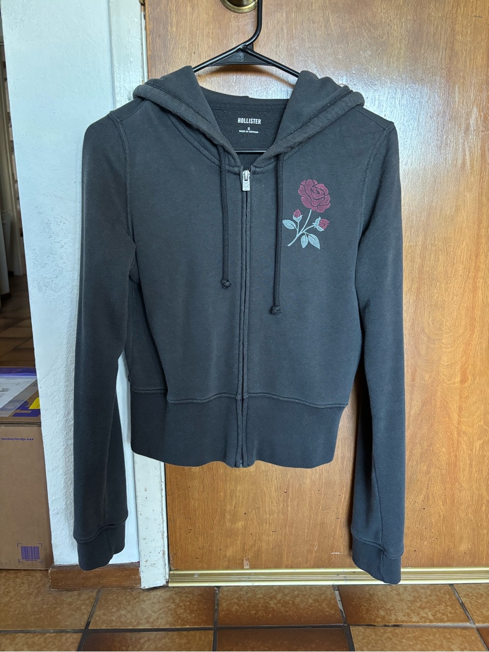 Hollister Black Zip Hoodie with Pink Rose Graphic